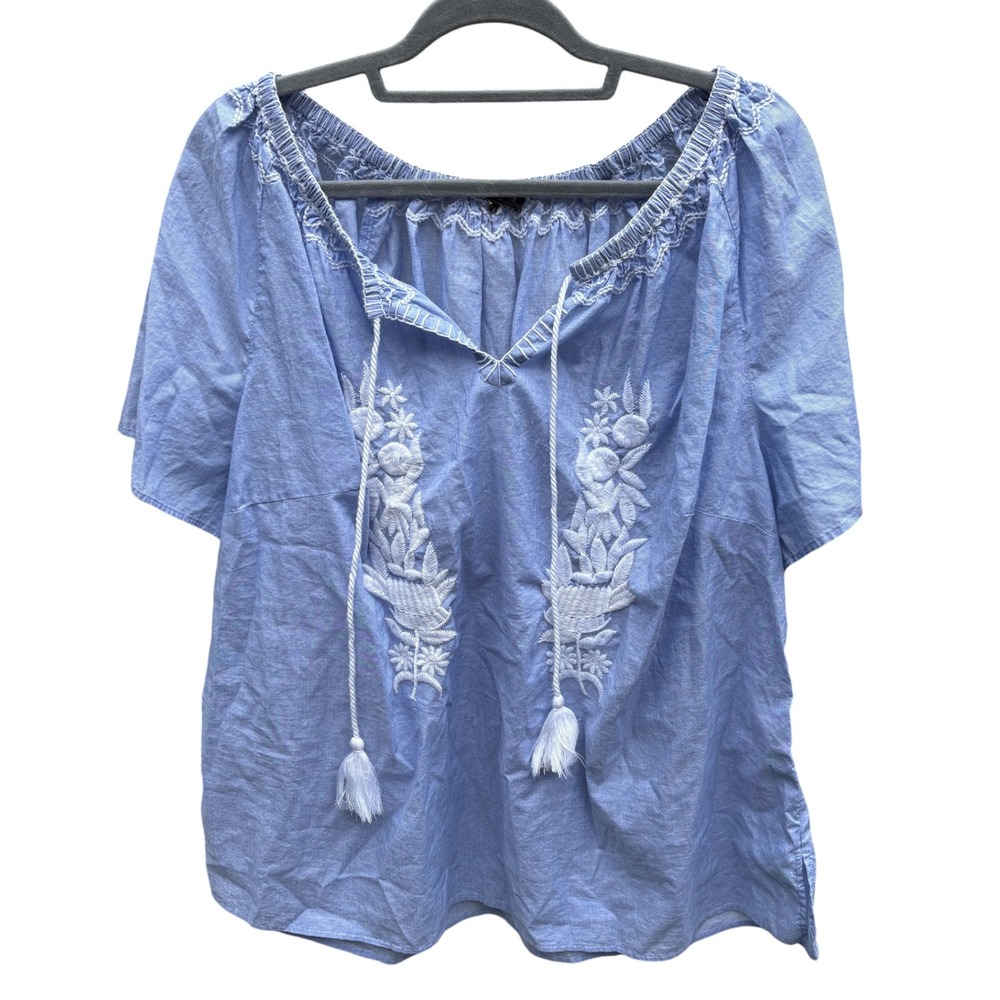 Talbots Womens 1X Peasant Blouse Blue Embroidered Tassel Cotton Short Sleeve Top